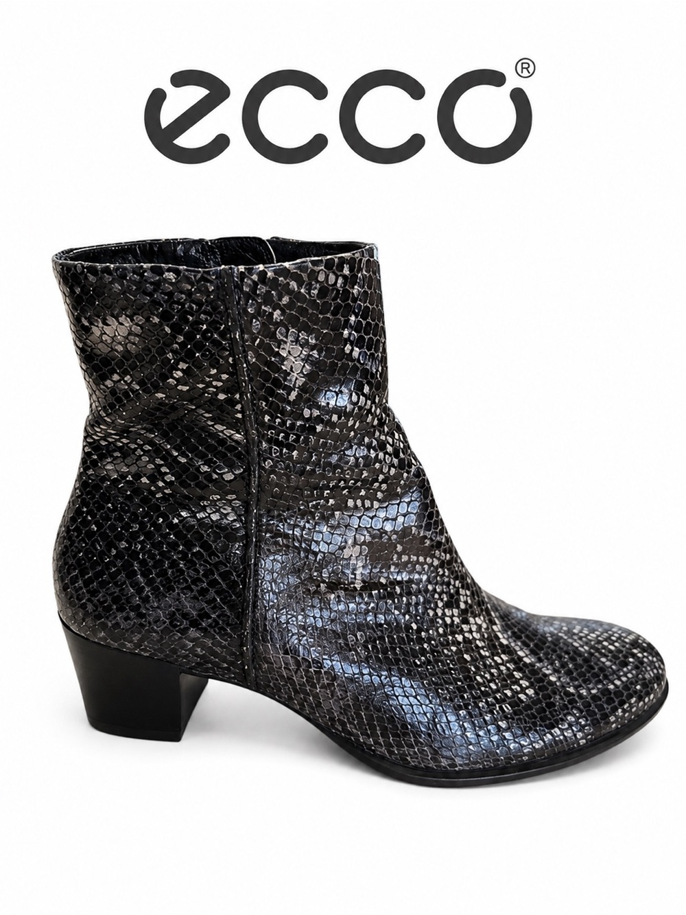 • Ecco Black and Gray Snake Print Ankle Boots •
